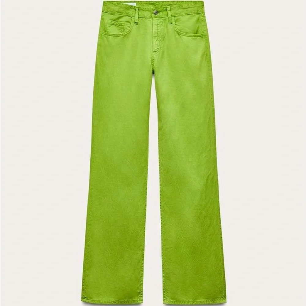 Zara Bright Green Linen Blend Mid Rise Full Length Wide Leg Pants, NWT Sz 4